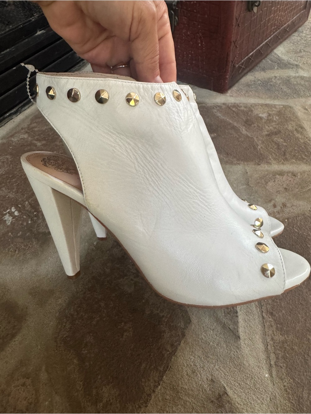 Vince Camuto White Napa Leather Gold Studded Peep-Toe Ankle Booties